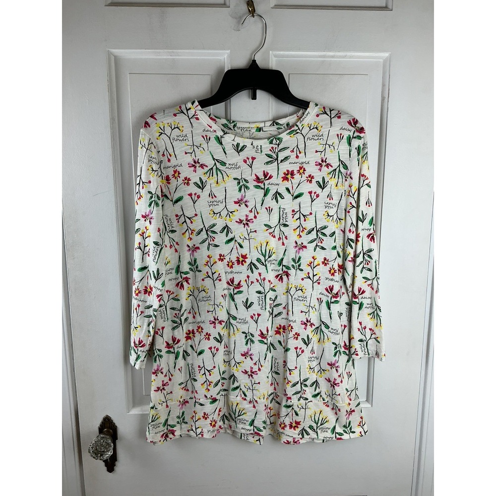 Lands End Wildflower Tee Womens M White Floral 3/4 Sleeve Cotton Modal T-Shirt